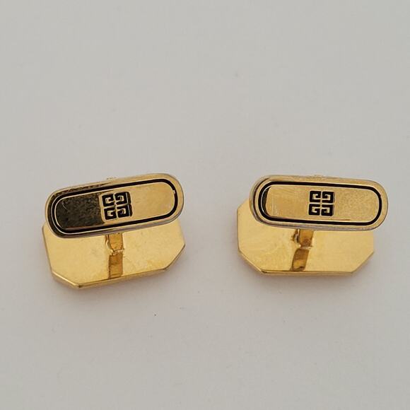 Givenchy Cufflinks Set Rectangle Gold Silver Tone Logo Vintage Geometric Designe - Picture 4 of 7